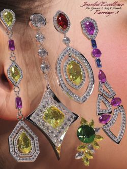 48153 首饰 耳环 Jeweled Excellence Earrings 3 for Genesis 2, 3 and 8 Fema...